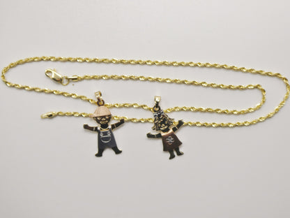 14k Real Solid Yellow Gold Boy Girl Pendent and Robe Necklace