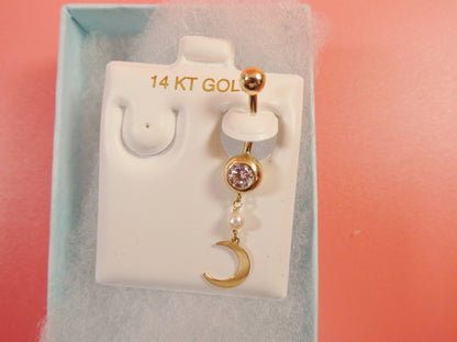 14k Real Solid Yellow Gold Dangling Moon Belly Button Ring Piercing