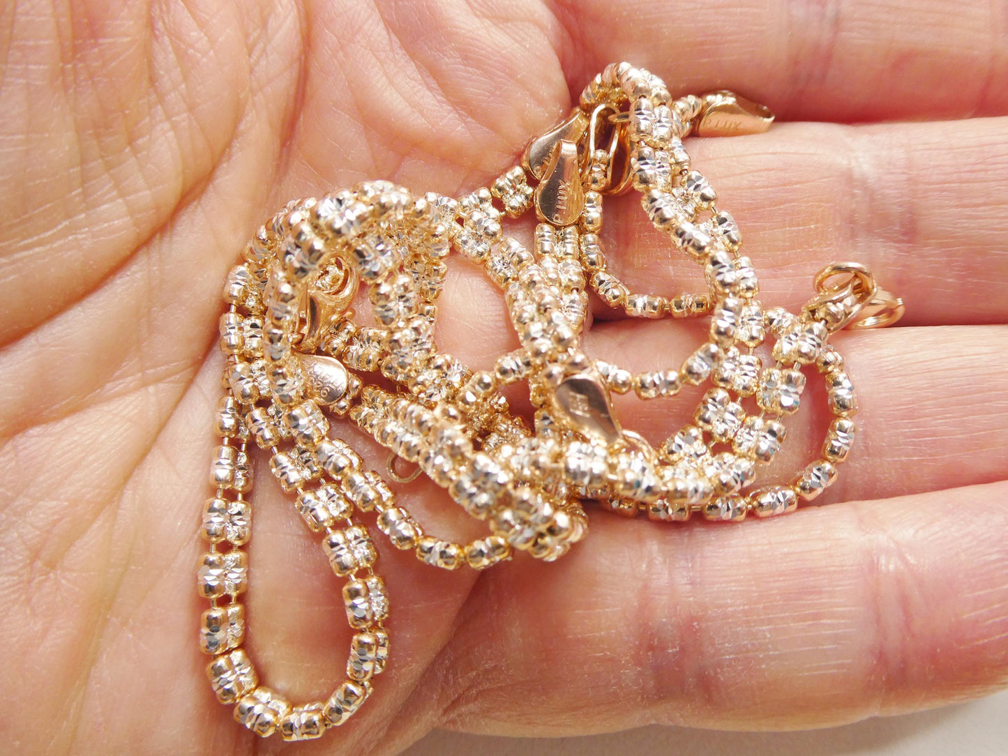 real 925 sterling silver 2 line flat diamond cut ice link rose gold  bracelet