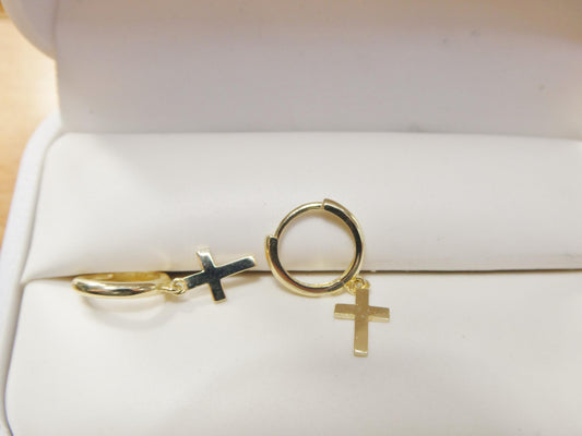 real 10k solid yellow gold cross dropping hoop huggie earring