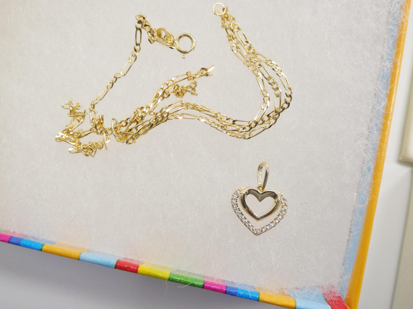 10k Yellow Gold Figaro Chain Necklace with Double Heart Pendant