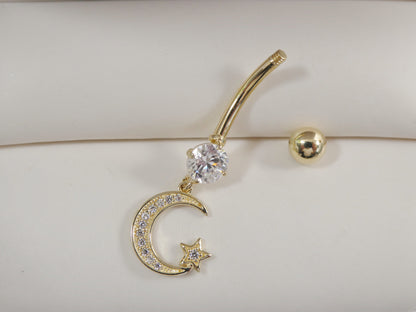 14k Real Solid Yellow Gold Dangling Moon And Star Belly Button Ring Piercing