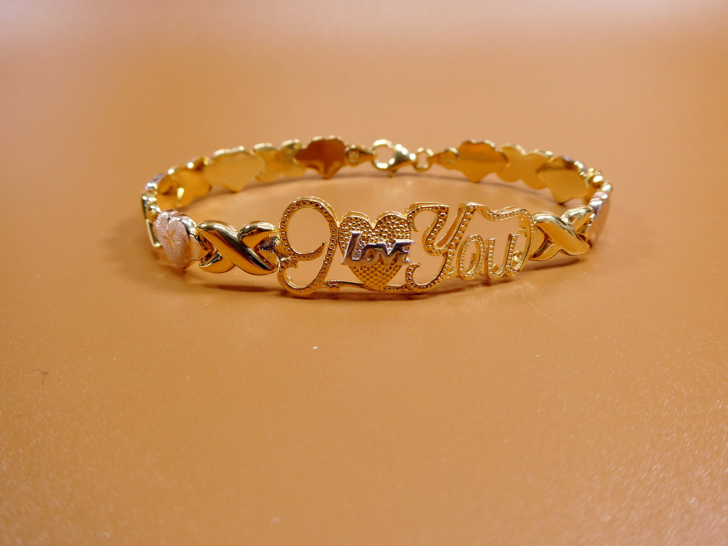 925 real sterling silver I love you xoxo heart set necklace and bracelet hugs and kisses stampato 14k tri color gold tone color