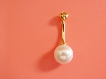 14k Real Solid Yellow Gold Freshwater Pearl Belly Button Ring Piercing