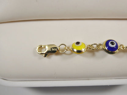 Real 14k Sold Yellow Gold 6 Inch Evil Eye Multi Color Adjustable Baby Bracelet