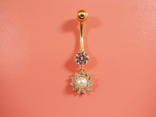 14k real solid yellow gold dangling freshwater real pearl belly button ring piercing