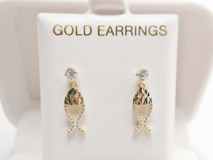 Real 10k Solid Yellow Gold Fish Dangling Push Post Earrings
