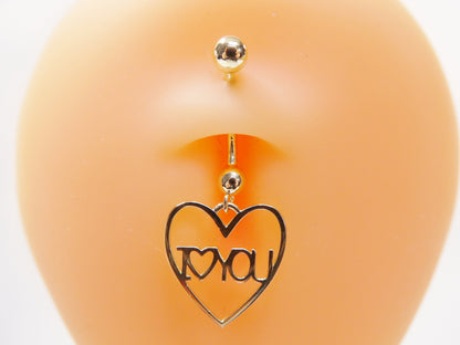 14k Real Solid Yellow Gold Heart I Love You  Belly Button Ring Piercing