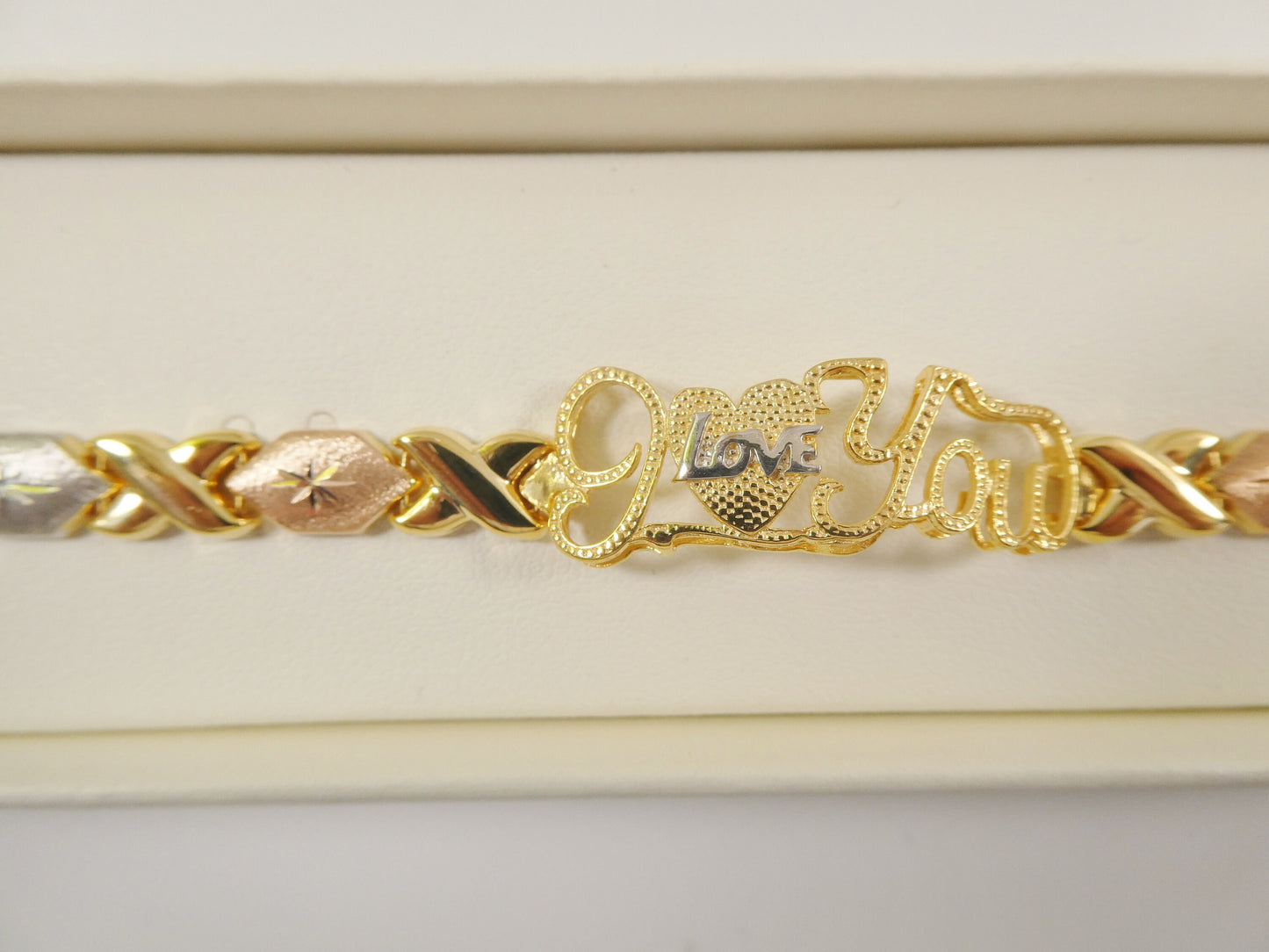 Sterling Silver I Love You XO Bracelet - Tri Color 14k Gold Finish