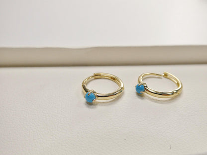 Real 10k Solid Yellow Gold Designer Polish Hoop Turquoise Huggie Earrings
