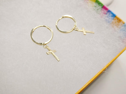 Real 10k Solid Yellow Gold Cross Dropping Hoop Huggie Earrings