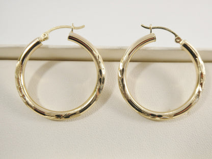 10k Real Solid Yellow Gold Diamond Cut Hoop Earrings