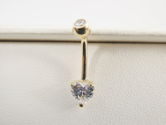 14k real solid yellow gold 6mm heart stone belly button ring piercing