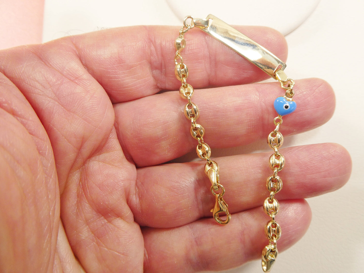 14k real solid yellow gold buff mariner enamel turquoise 6 inch heart baby ID bracelet