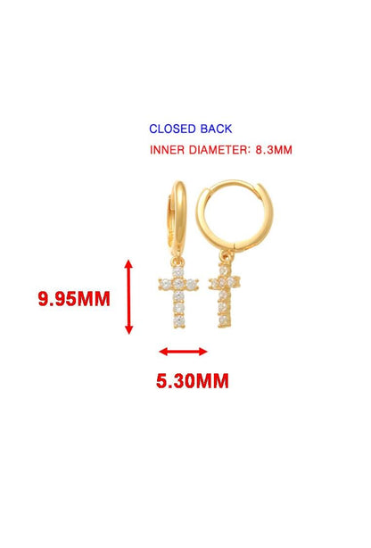 Real 10k Solid Yellow Gold Cross Dropping Hoop Huggie Earrings