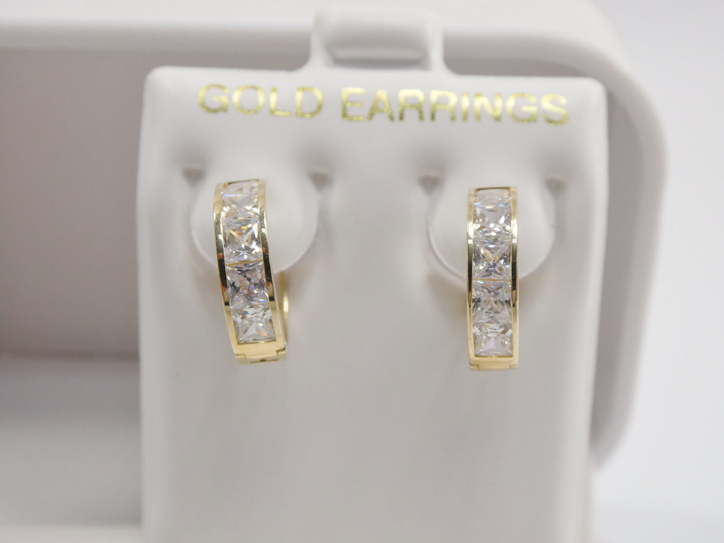 real 10k solid yellow gold princess-cut setting 14mm hoop huggie earrings