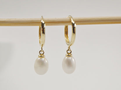 Real 10k Solid Yellow Gold Dangling Cultured Freshwater Pearl  Plain Hoop Huggie Earrings