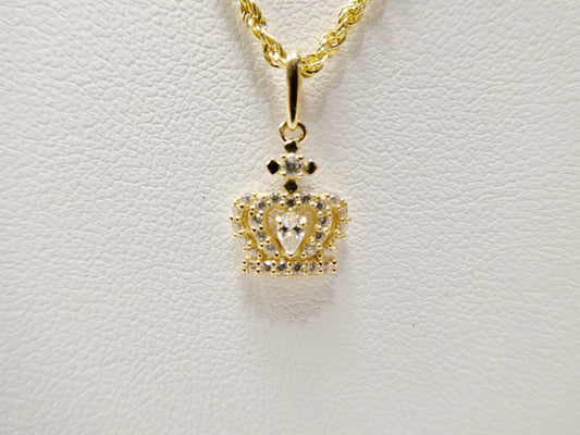 14k real solid yellow gold crown pendent and rope necklace