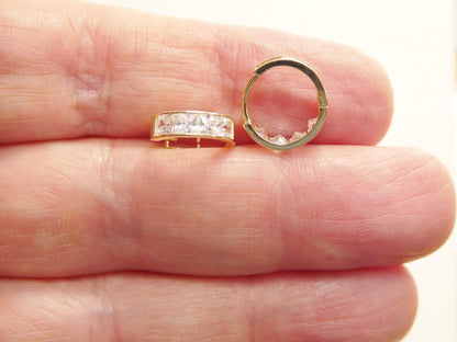 Real 10k Solid Yellow Gold Square-cut Stone Hoop Huggie Earrings
