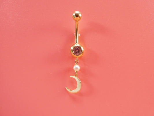 14k real solid yellow gold dangling moon belly button ring piercing