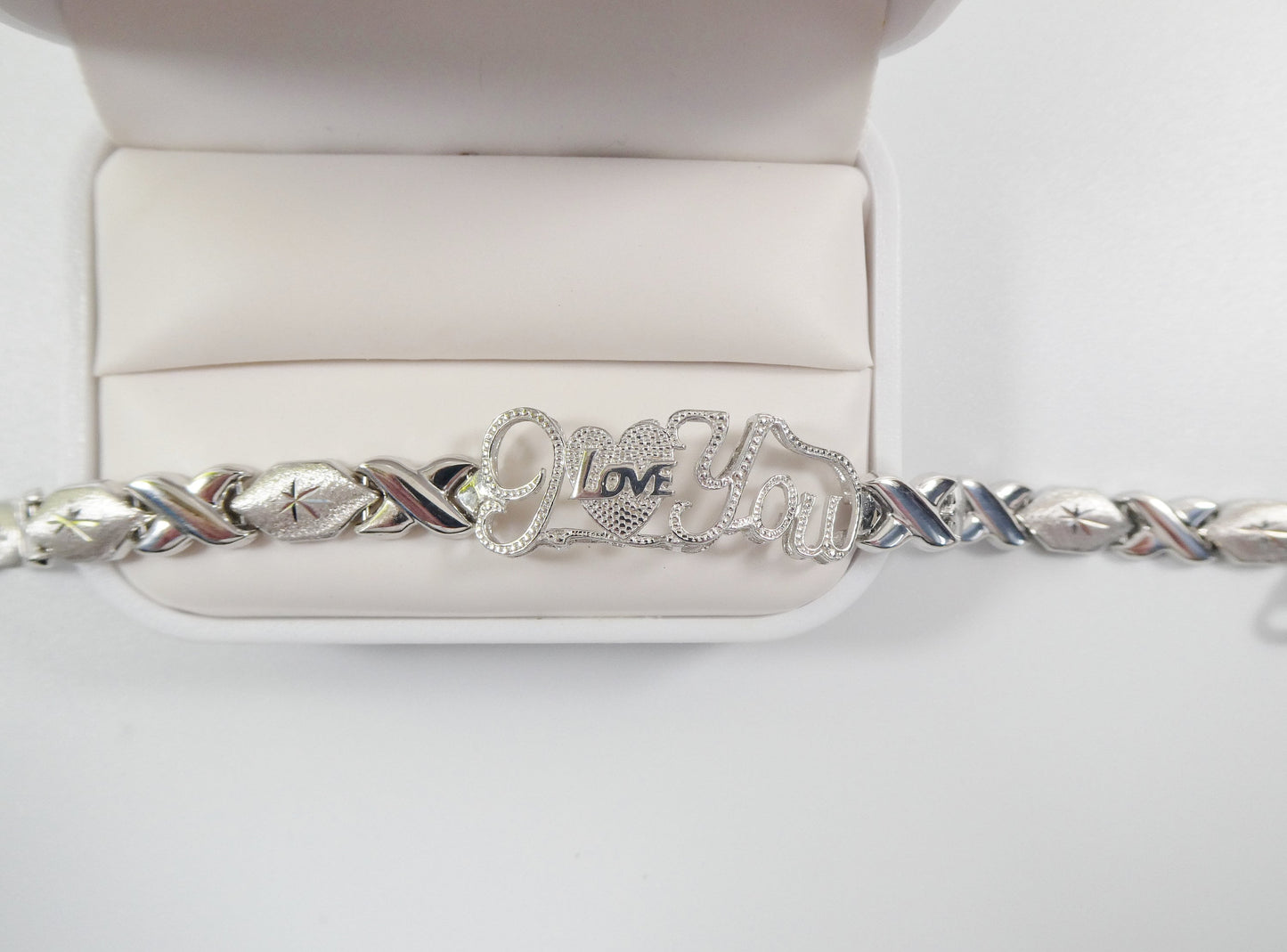 Sterling Silver I Love You XO Bracelet - 14k White Gold Finish
