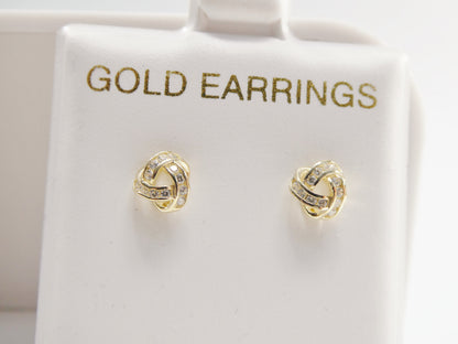 Real 10k Solid Yellow Gold Push Post Full Stone Setting Love Knot Stud Earrings