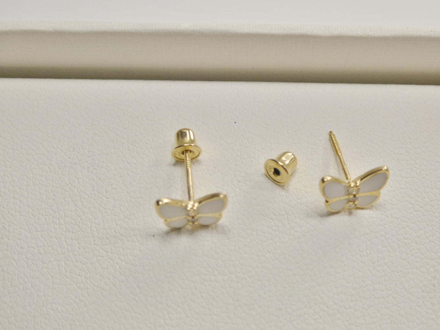 real 10k solid yellow gold white enamel butterfly screw back earrings