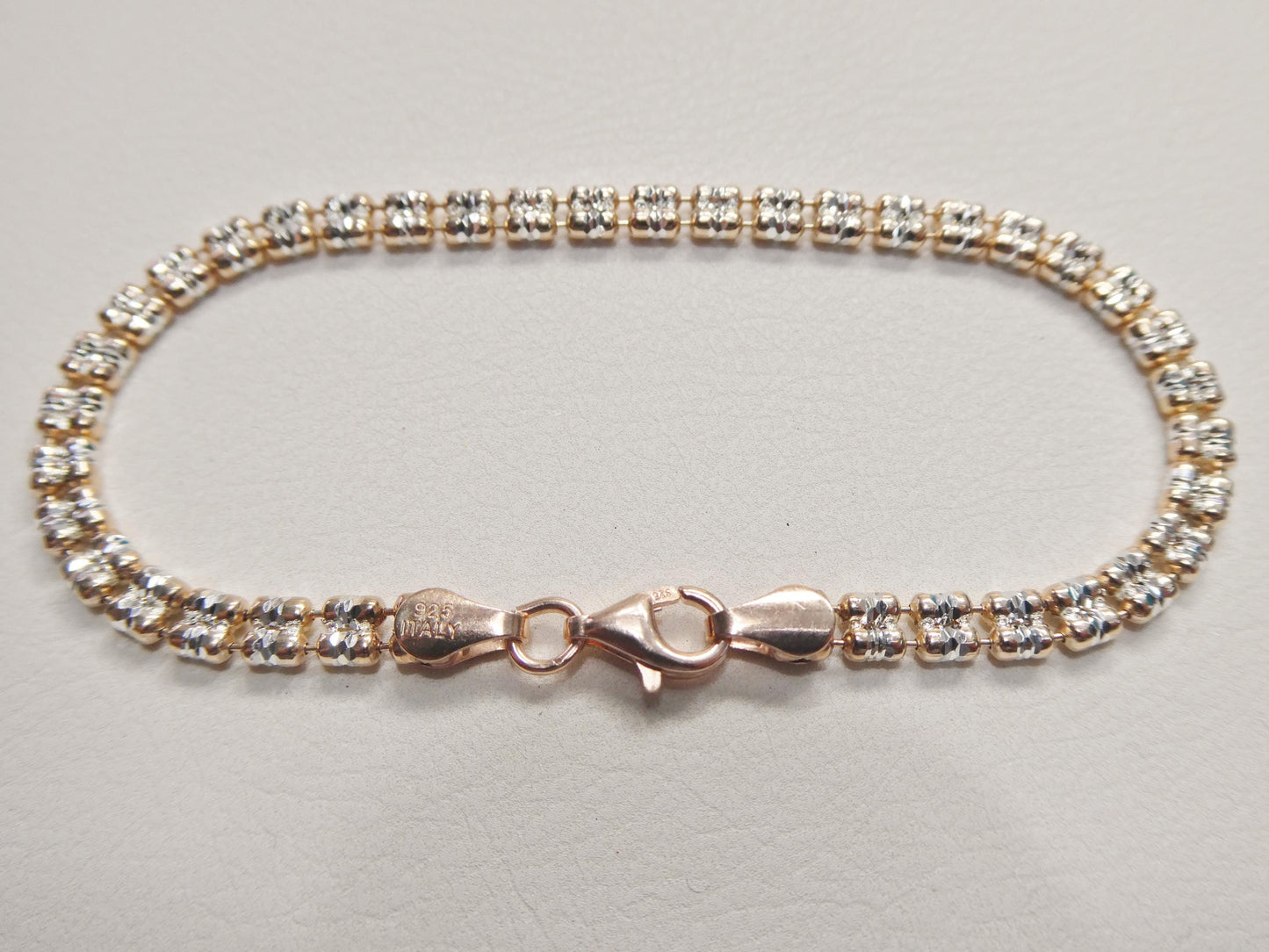 real 925 sterling silver 2 line flat diamond cut ice link rose gold  bracelet