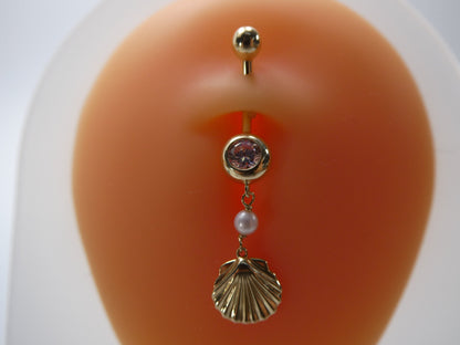 14k Real Solid Yellow Gold Mother of Pearl Turtle Belly Button Ring Piercing