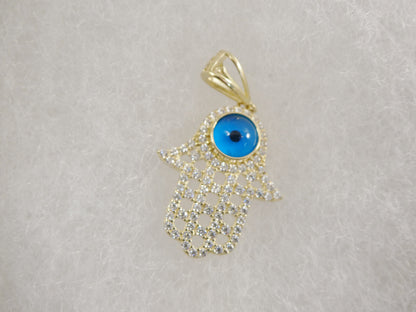 14k Real Solid Yellow Gold Full Stone Setting Evil Eye Hamsa Charm Pendent