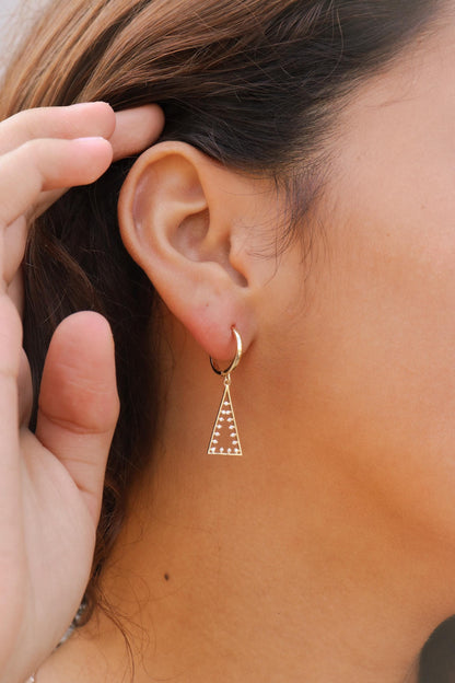 Real 10k Solid Yellow Gold Pyramid Triangle Hoop Huggie Earrings