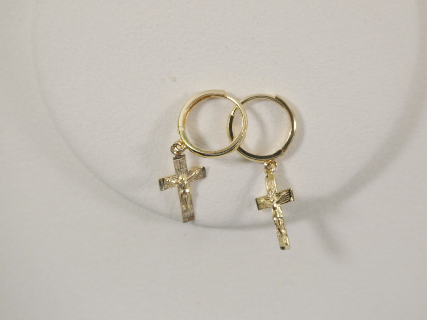 real 10k solid yellow gold hoop huggie dangle cross earrings