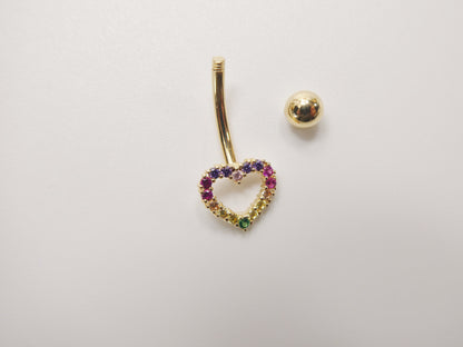 14k Real Solid Yellow Gold Rainbow Heart Belly Button Ring Piercing