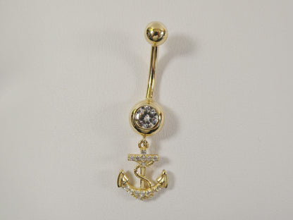 14k Real Solid Yellow Gold Dangling Anchor Belly Button Ring Piercing