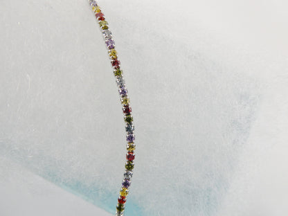 Real 925 Sterling Silver Multi-Color Rainbow Anklet Tennis Bracelet With Extension
