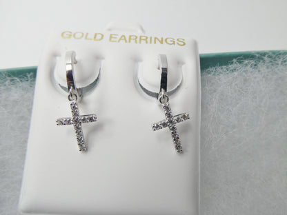 Real 10k Solid Yellow Gold Cross Dropping Hoop Huggie Earrings