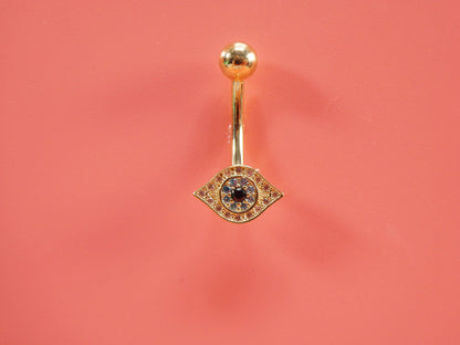 14k Real Solid Yellow Gold Evil Eye Belly Button Ring Piercing