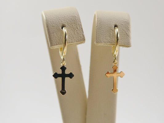 real 10k solid yellow gold hoop huggie dangle plain cross earrings