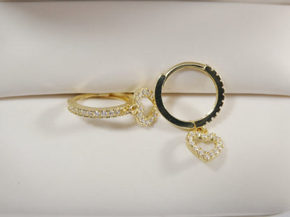 Real 10k Solid Yellow Gold Dangle Heart Full Micro Fave Setting Hoop Huggie Earrings
