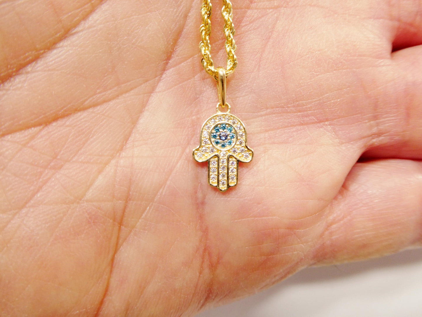 14k real solid yellow gold hand hamsa  pendent and rope necklace