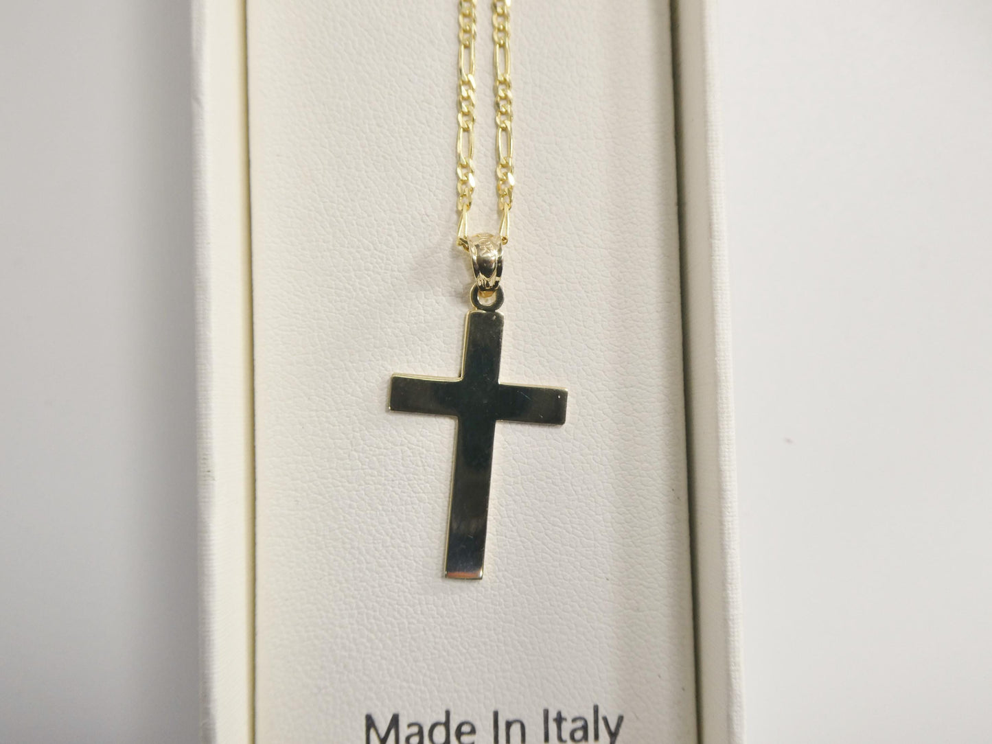 10k Yellow Gold solid figaro Chain & Cross Pendant Necklace: 16 inch