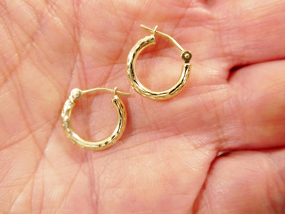 10k Real Solid Yellow Gold 2mm Tube Diamond Cut Hoop Earrings