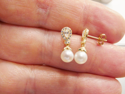 Real 10k Solid Yellow Gold Cultured Freshwater Pearl Push Post Earrings
