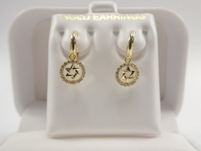 10k Real Solid Gold Star David Dangle On Plain Huggie Fancy Earrings