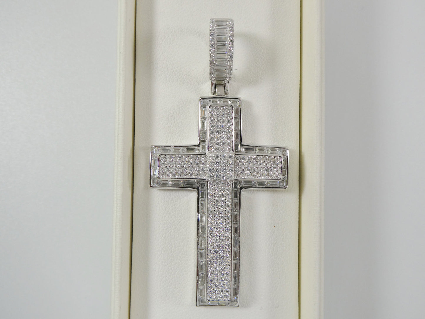 Sterling Silver Cross Charm Pendant: Iced Out, 14k White Gold Finish