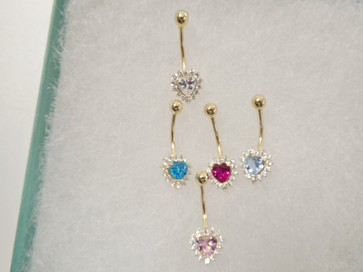 14k real solid yellow gold color stone heart belly button ring piercing