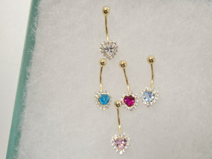 14k Real Solid Yellow Gold Color Stone Heart Belly Button Ring Piercing