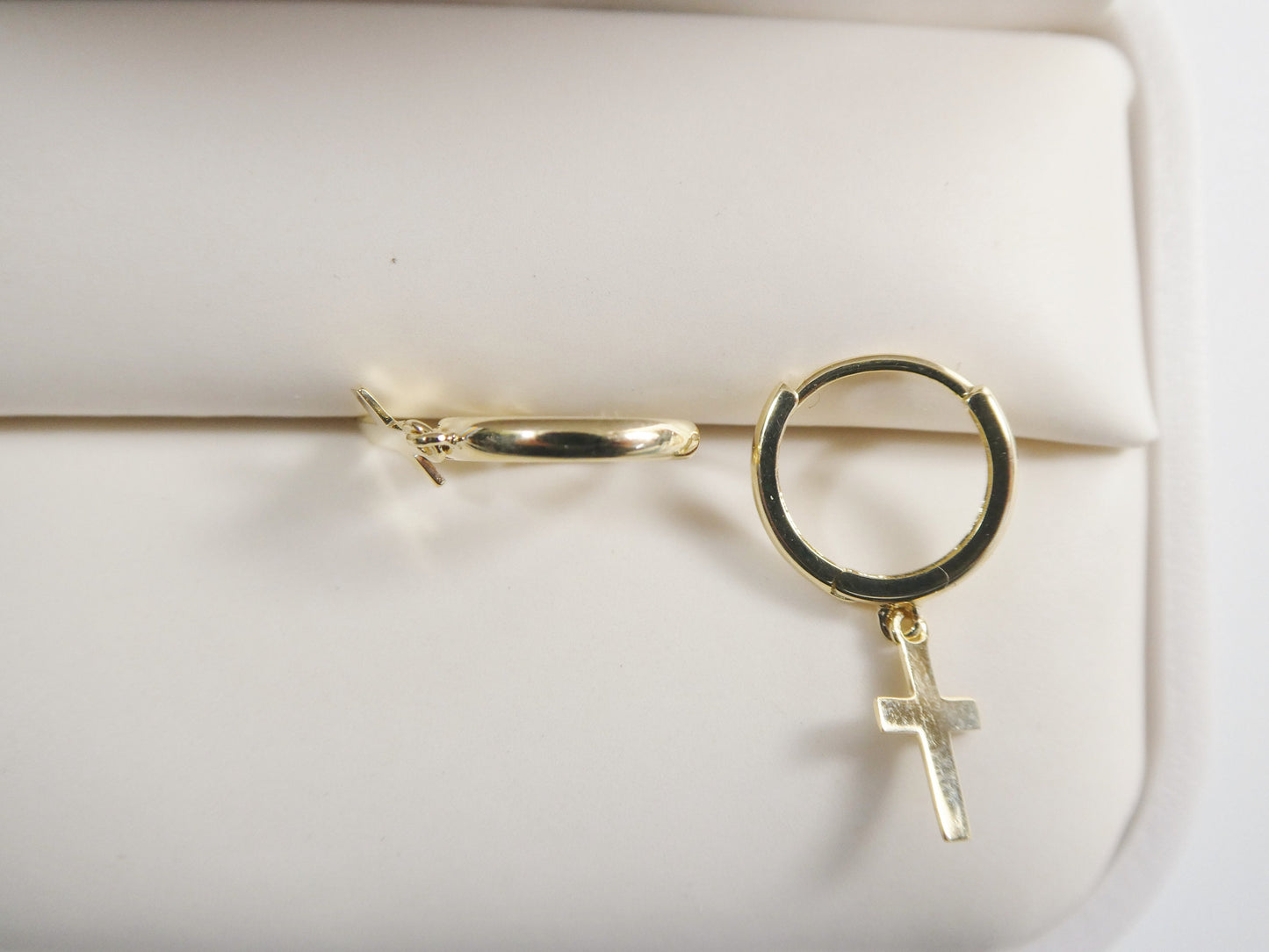 real 10k solid yellow gold hoop huggie dangle plain cross earrings