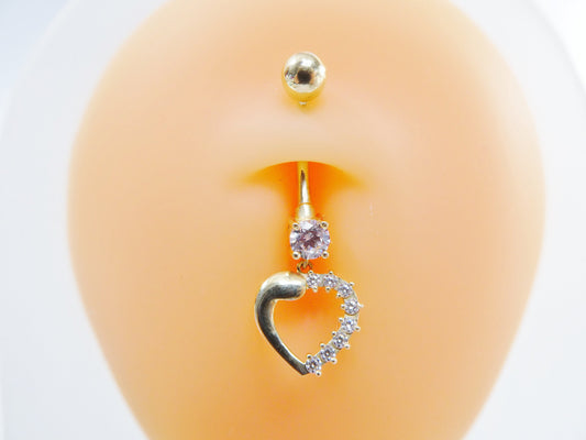 14k real solid yellow gold heart dangling belly button ring piercing