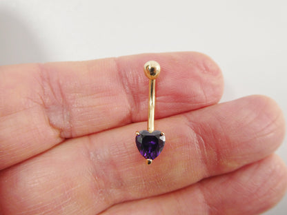 14k Real Solid Yellow Gold 6mm Heart Amethyst Stone Belly Button Ring Piercing